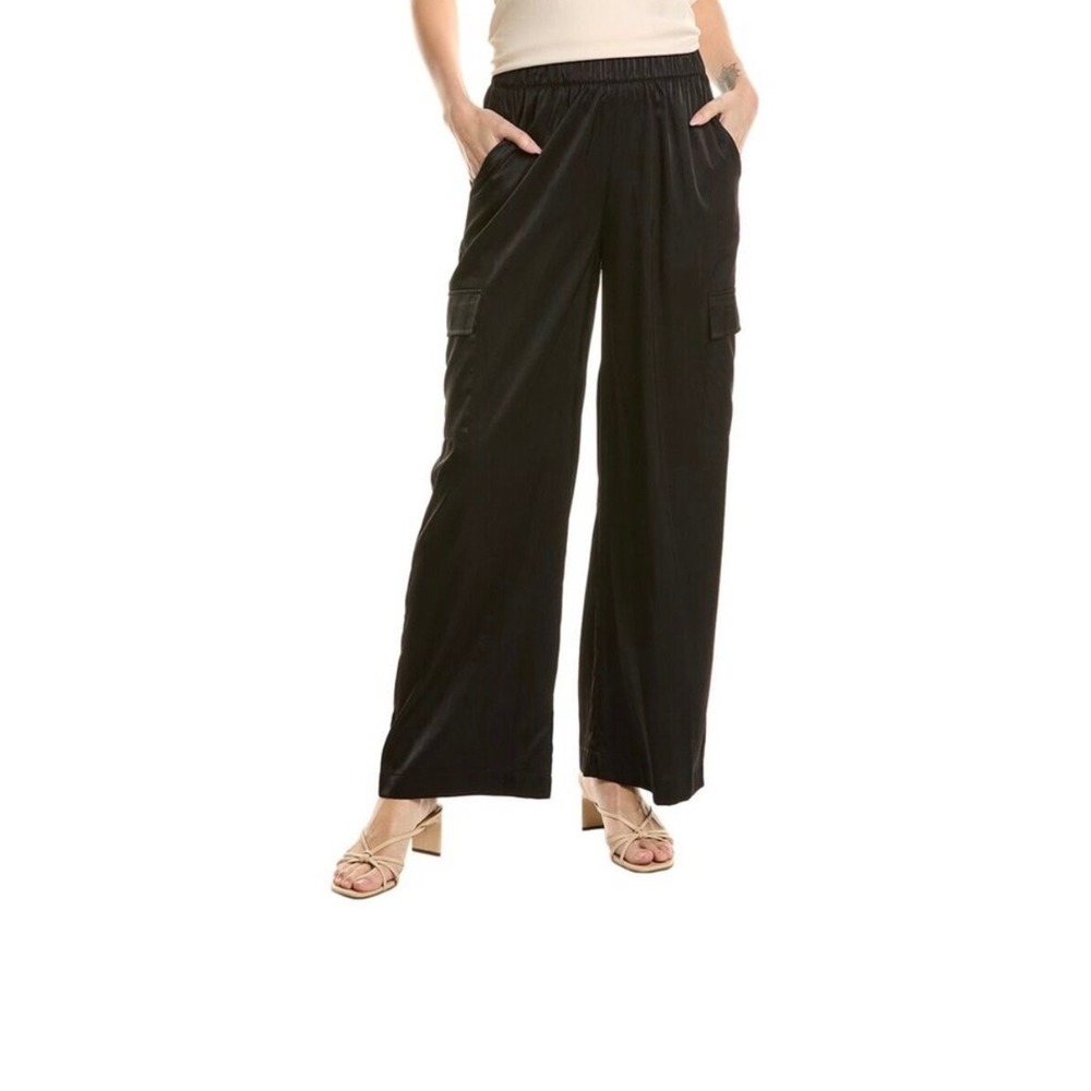 Elie Tahari Cargo Pants Womens Medium Black Satin Wide Leg Utility Chic Luxury